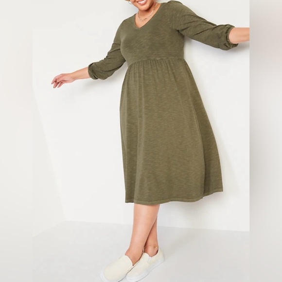 Old Navy Long Puff Sleeve Olive Dress round neck, Comfortable Stretchy size XL - Picture 1 of 10